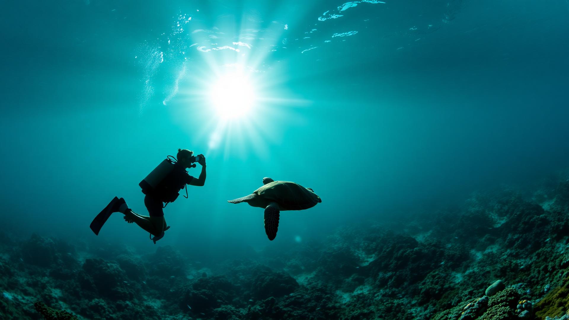 Diver photographing a sea turtle beneath sun rays on a coral reef